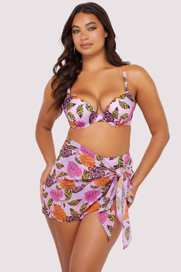 Riley Mix & Match Pink Palm Print Tie Side Sarong For Cheap