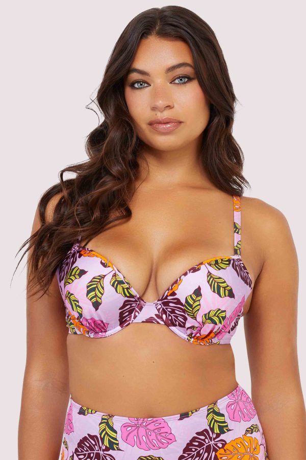 Riley Fuller Bust Mix & Match Pink Palm Print Plunge Bikini Top Online Hot Sale