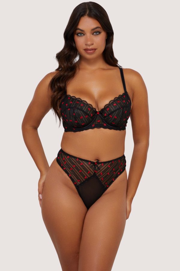 Elodie Black and Red Rosebud Embroidery High Waist Thong Online Sale