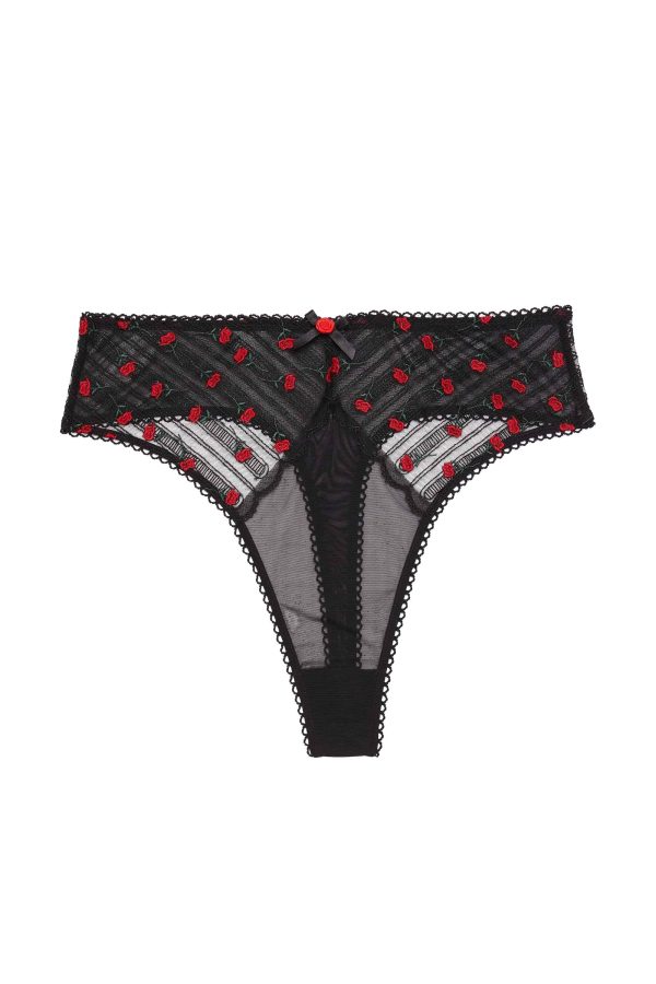 Elodie Black and Red Rosebud Embroidery High Waist Thong Online Sale