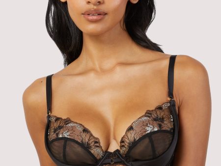 Aria Black and Gold Lace Plunge Bra Cheap