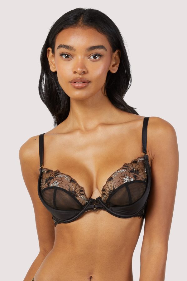 Aria Black and Gold Lace Plunge Bra Cheap