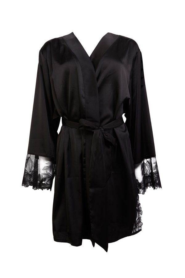 Eleanor Black Satin & Embroidery Robe Hot on Sale