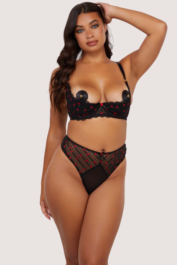 Elodie Black and Red Rosebud Embroidery Quarter Cup Bra Online Sale