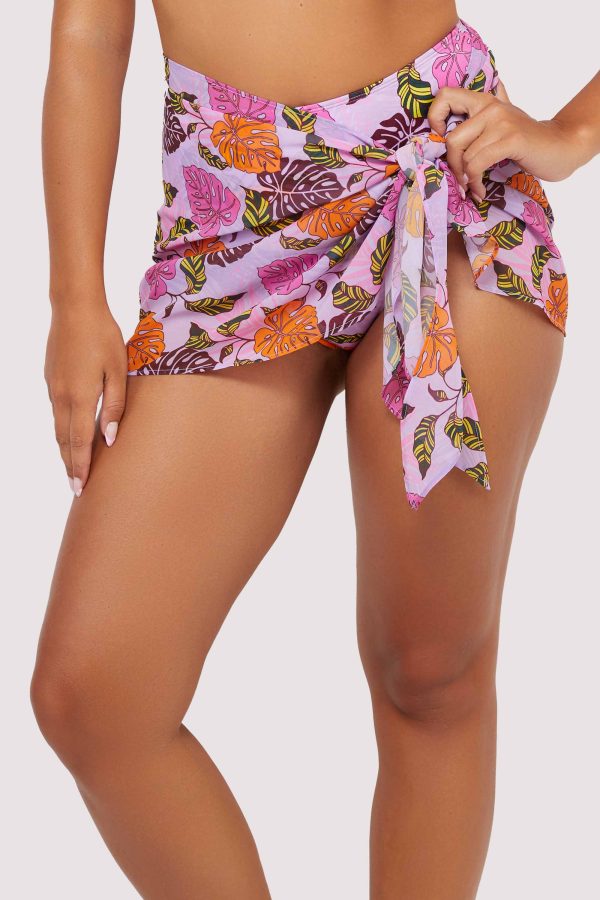 Riley Mix & Match Pink Palm Print Tie Side Sarong For Cheap