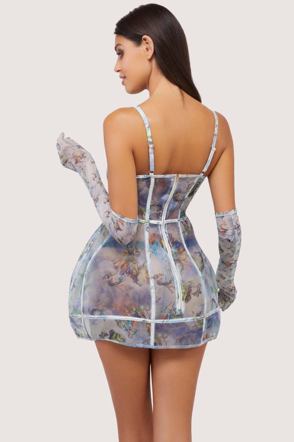 Gracie Renaissance Print Boned Underbust Mesh Mini Dress Online now