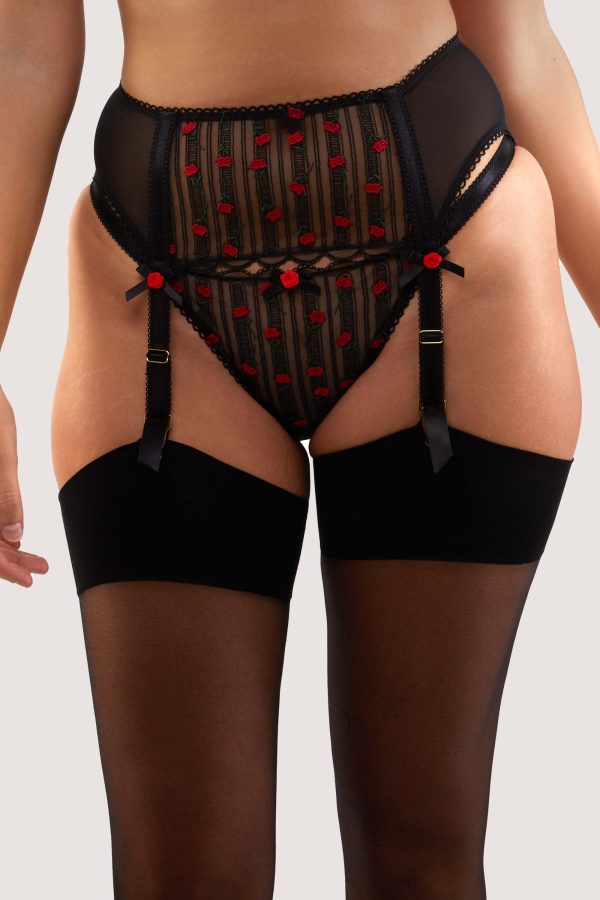 Elodie Black and Red Rosebud Embroidery Suspender Belt Hot on Sale