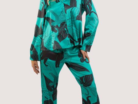 Green Panther Print Satin Pyjama Set on Sale