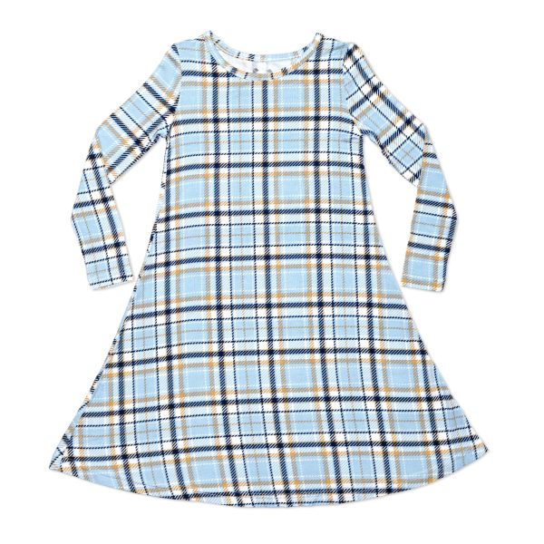 Holiday Plaid Blue Bamboo Girls  Long Sleeve Dress Online Sale