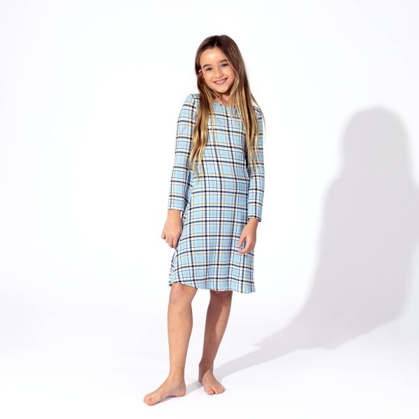 Holiday Plaid Blue Bamboo Girls  Long Sleeve Dress Online Sale