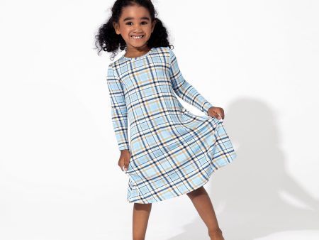 Holiday Plaid Blue Bamboo Girls  Long Sleeve Dress Online Sale