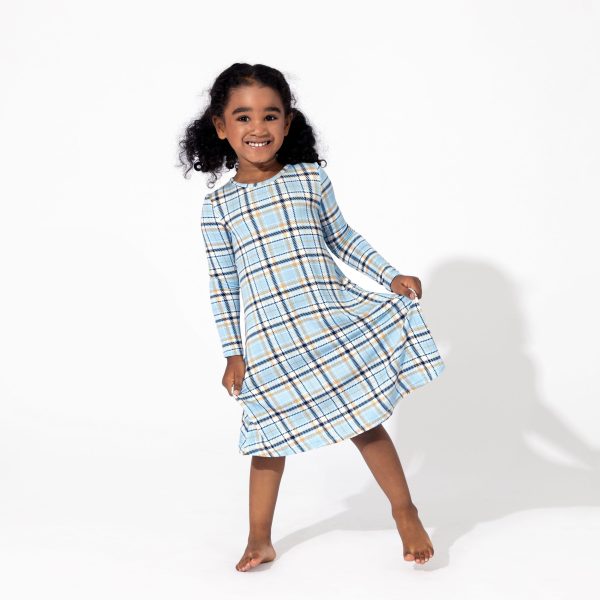 Holiday Plaid Blue Bamboo Girls  Long Sleeve Dress Online Sale